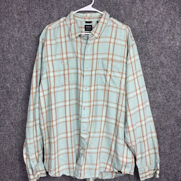 PrAna Shirt Mens XL Plaid Green Flannel Slim Fit Organic Cotton Flawed - Picture 1 of 14
